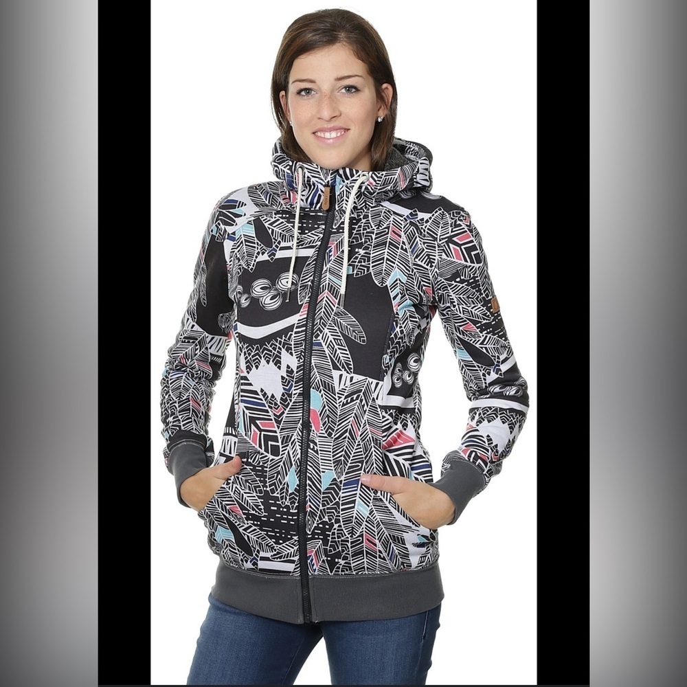 Roxy Black and White Patterned Hoodie Jacket small EUC
